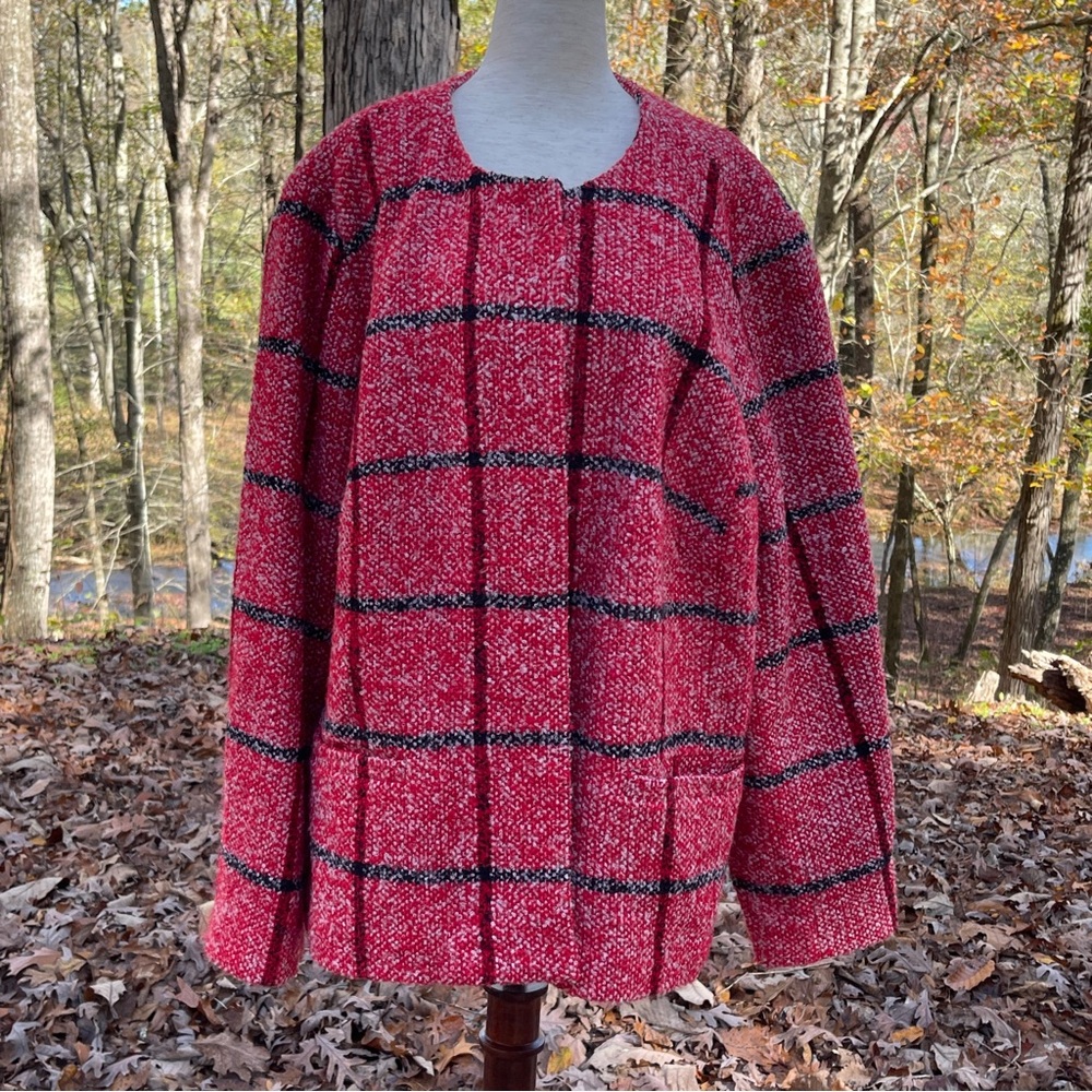 Talbots Red and Black Plaid Button Front Wool Blend Coat XL